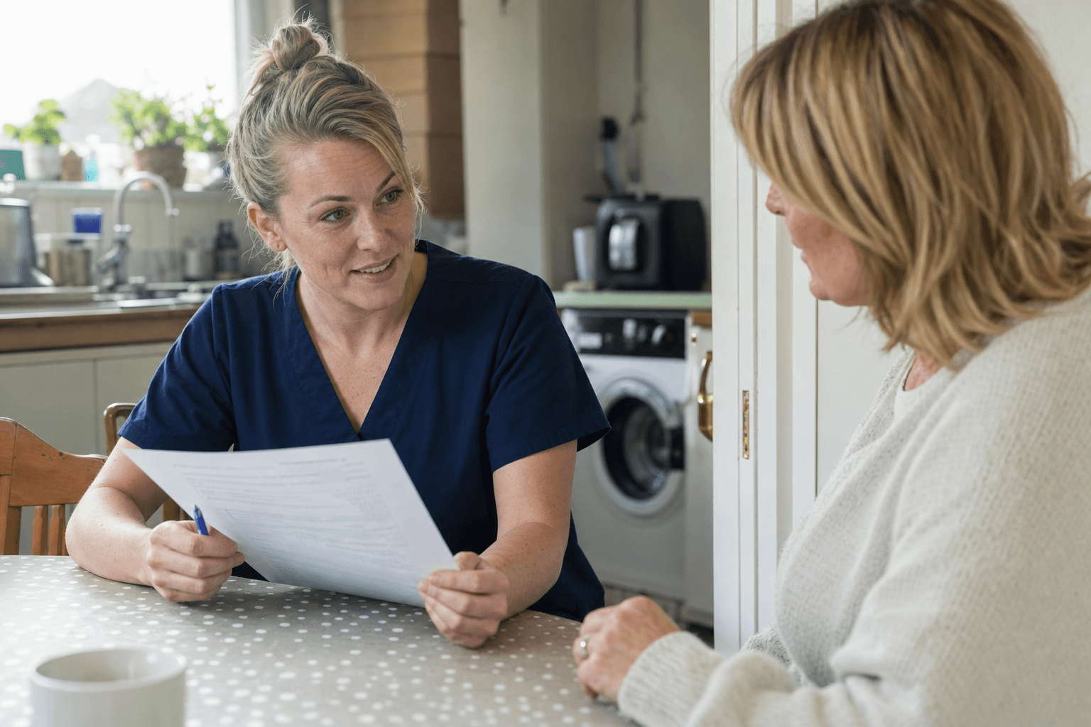 UK homeowner reviewing a house cleaner insurance certificate at a kitchen table