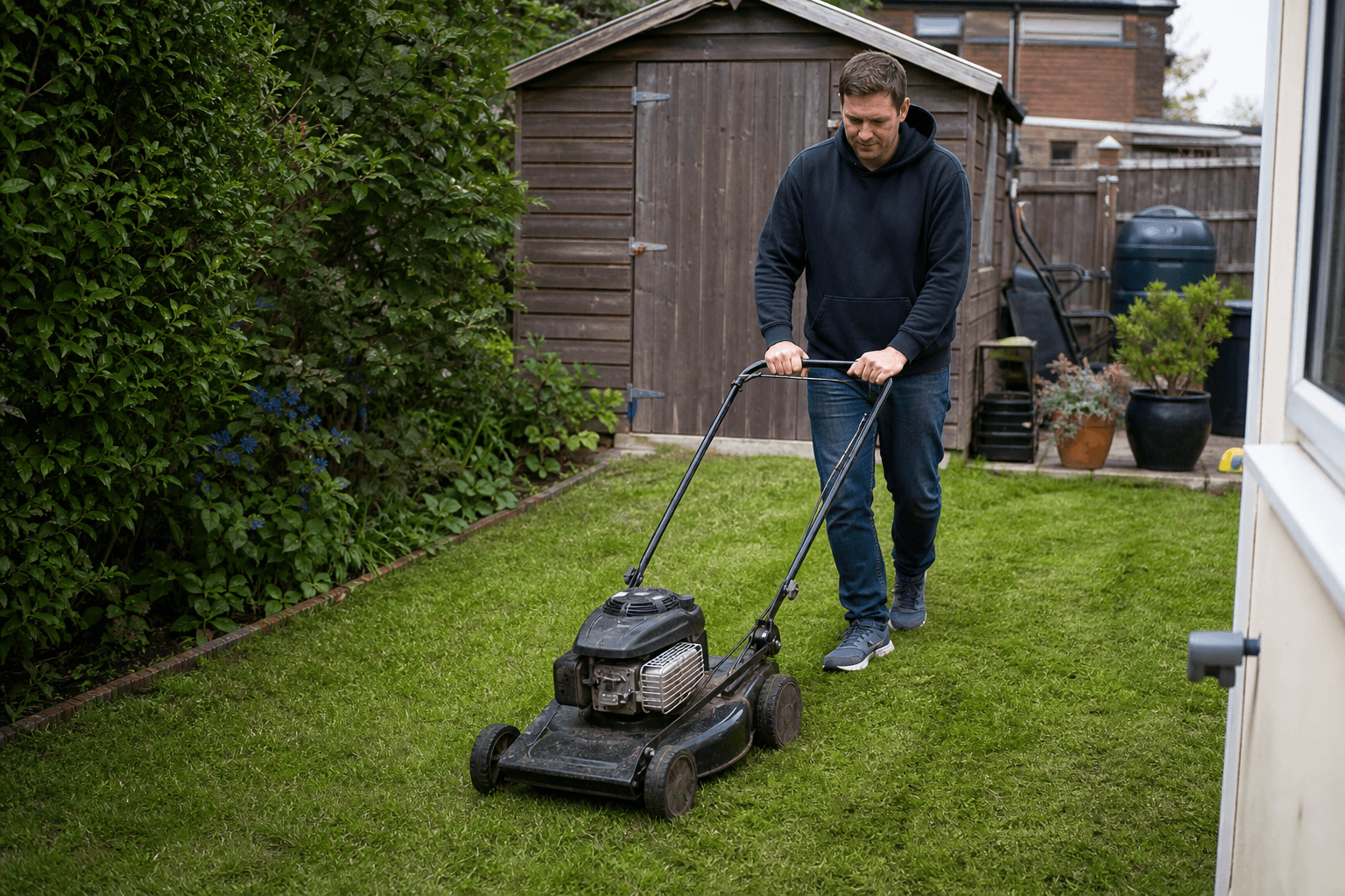 Homeowner mowing a small UK back lawn with a push mower