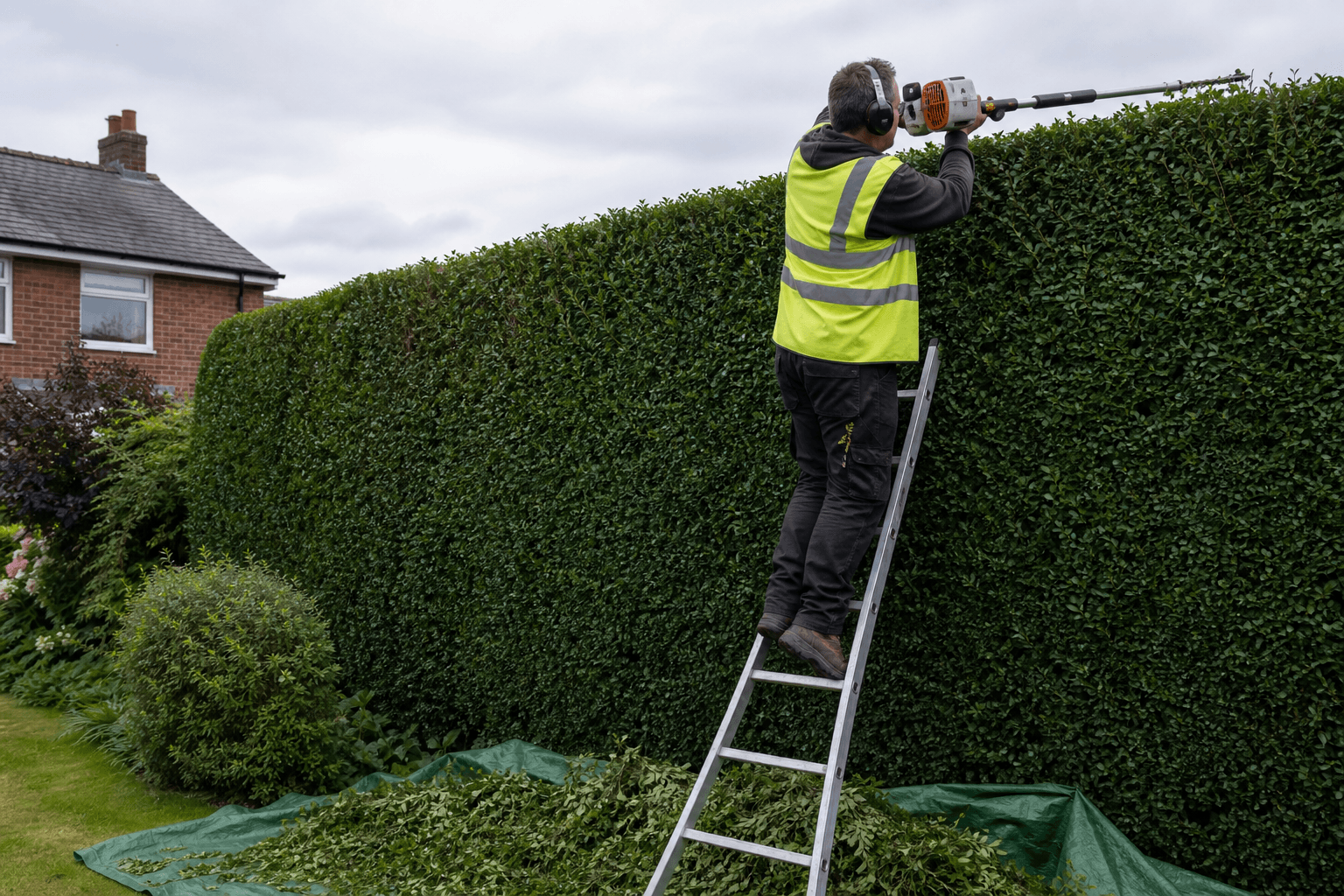 Professional gardener trimming a tall hedge in a UK residential garden