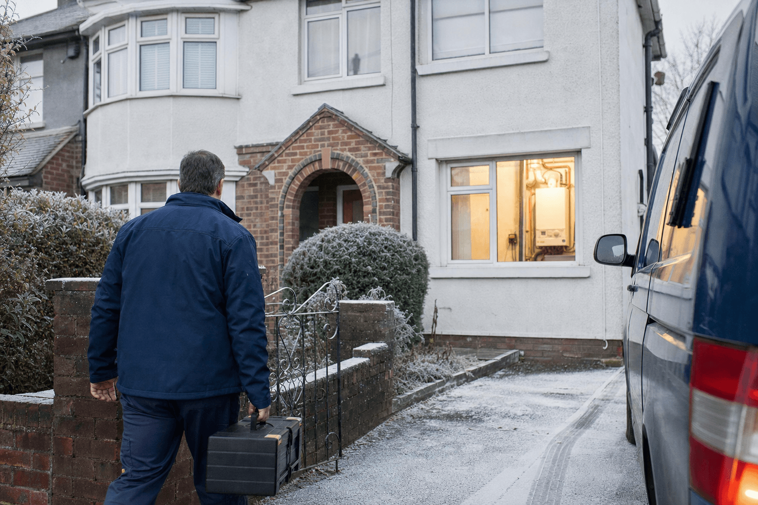 Gas Safe registered heating engineer arriving at a UK home for a boiler visit