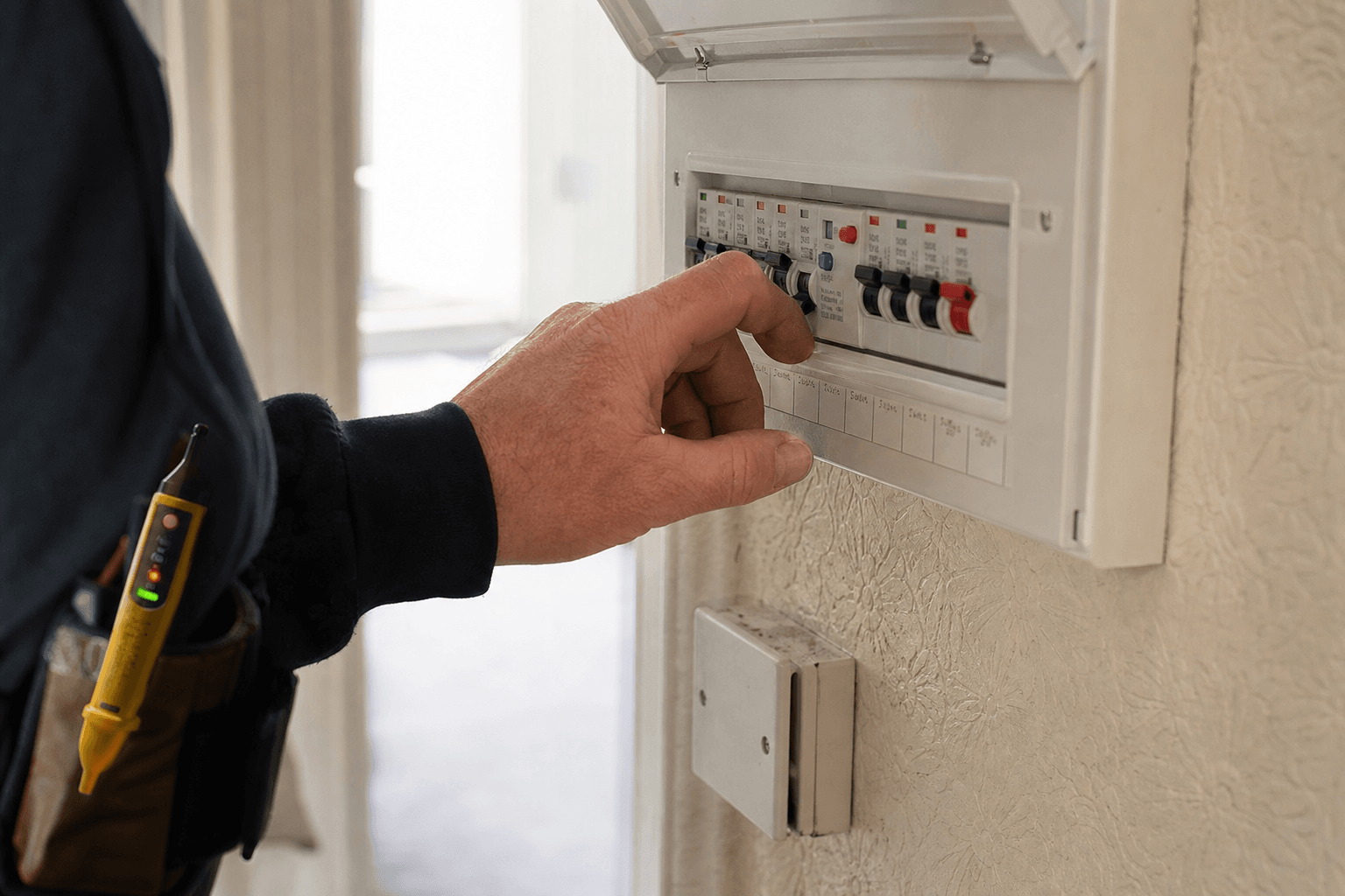 UK consumer unit close-up with an RCD in the tripped position and a hand about to reset it