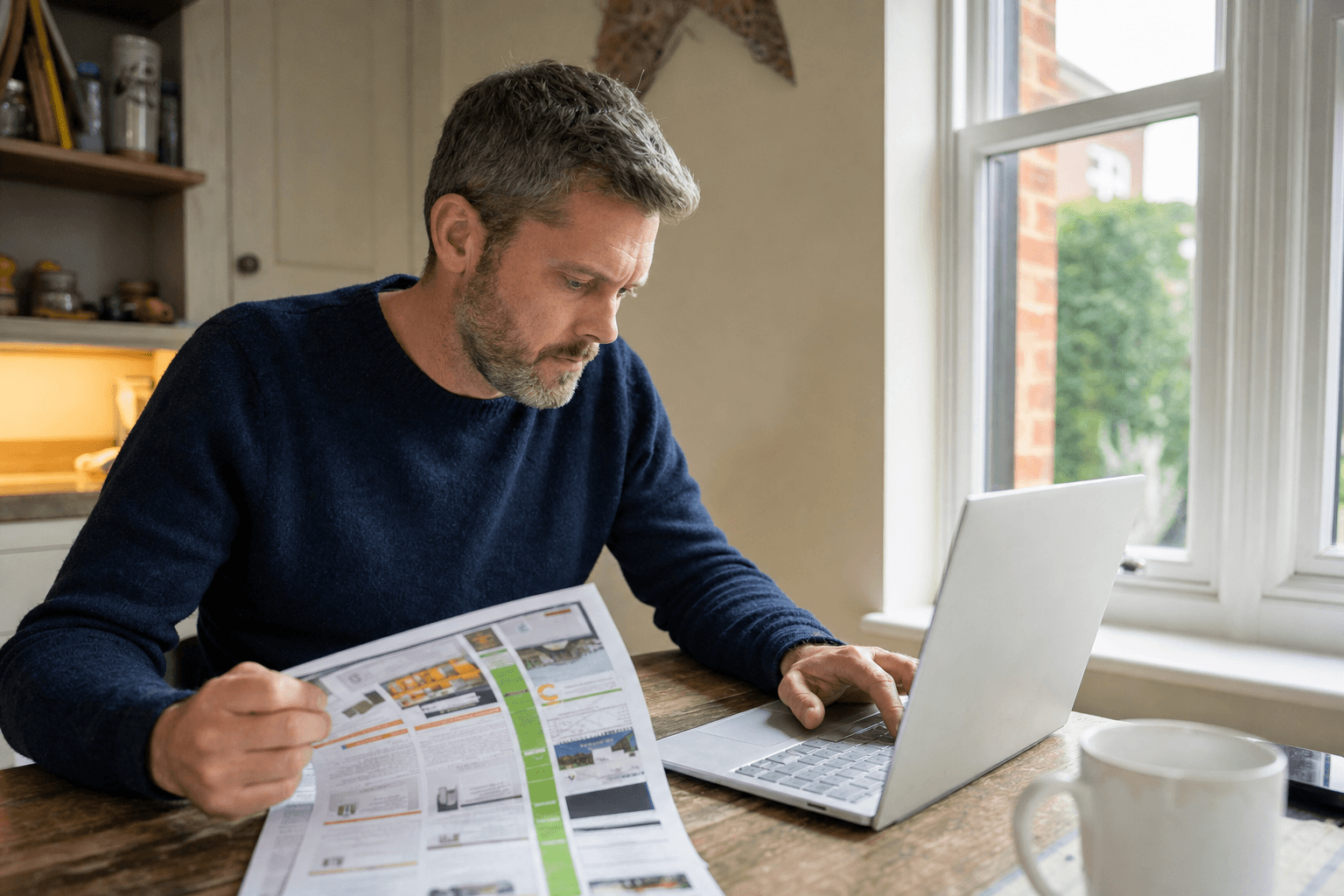 UK homeowner researching damp surveyors using a trade directory and laptop