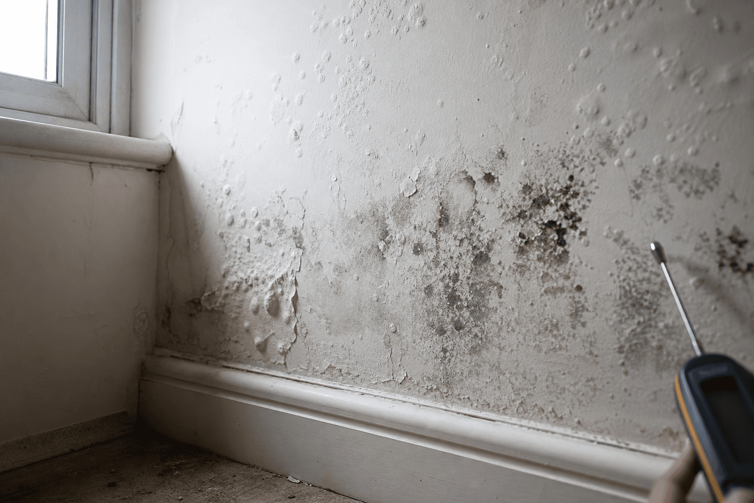 Interior wall showing damp tide marks, mould, and peeling paint warning signs