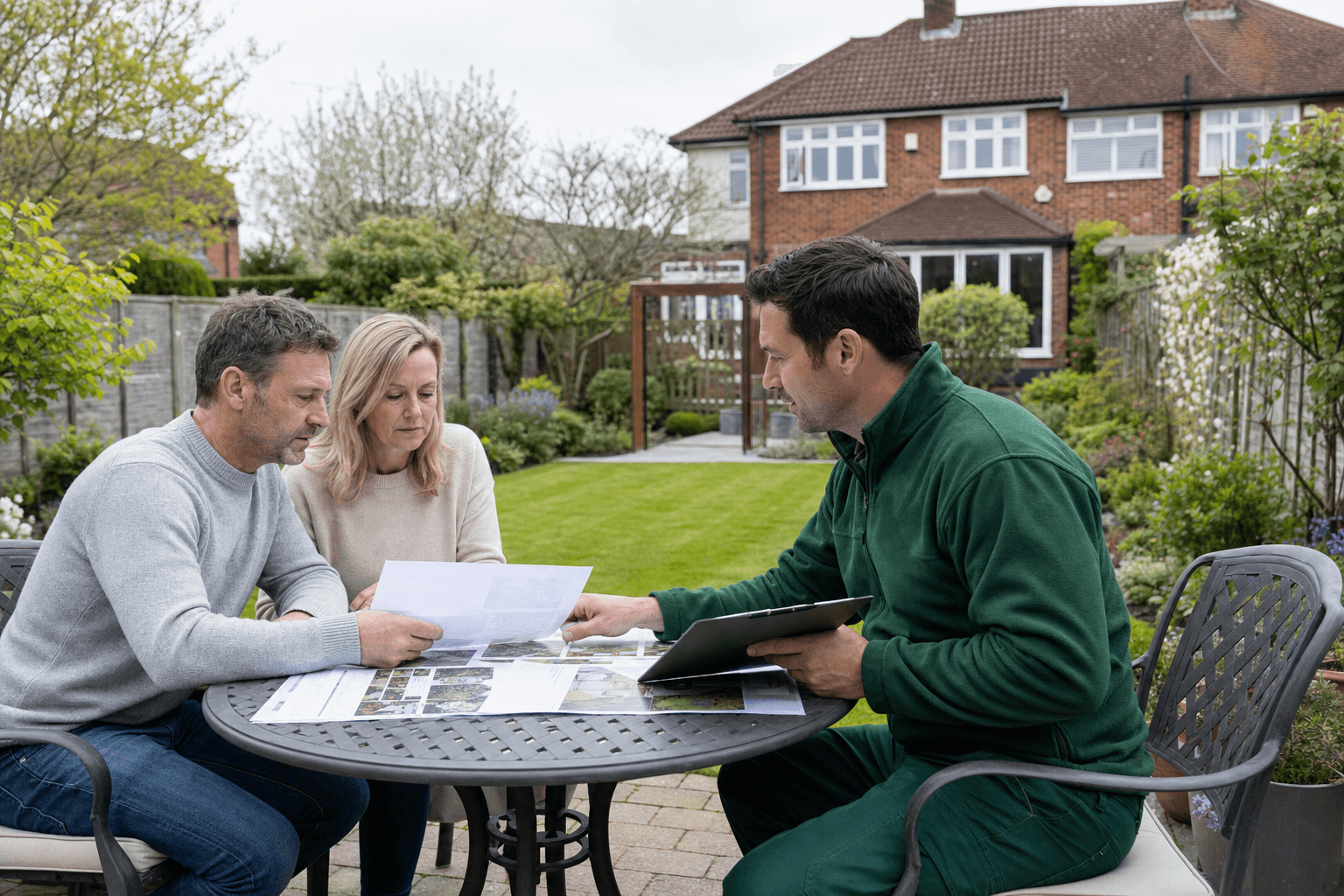 UK homeowners reviewing garden quotes with a professional gardener in a suburban back garden