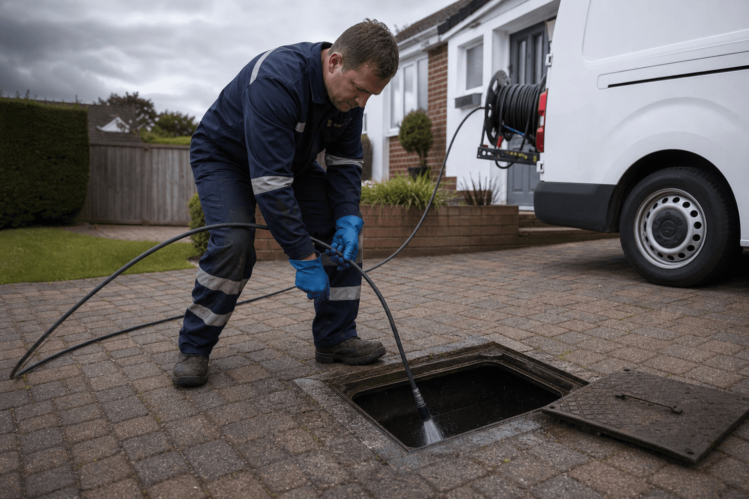 Drainage engineer hydro-jetting an inspection chamber on a UK driveway