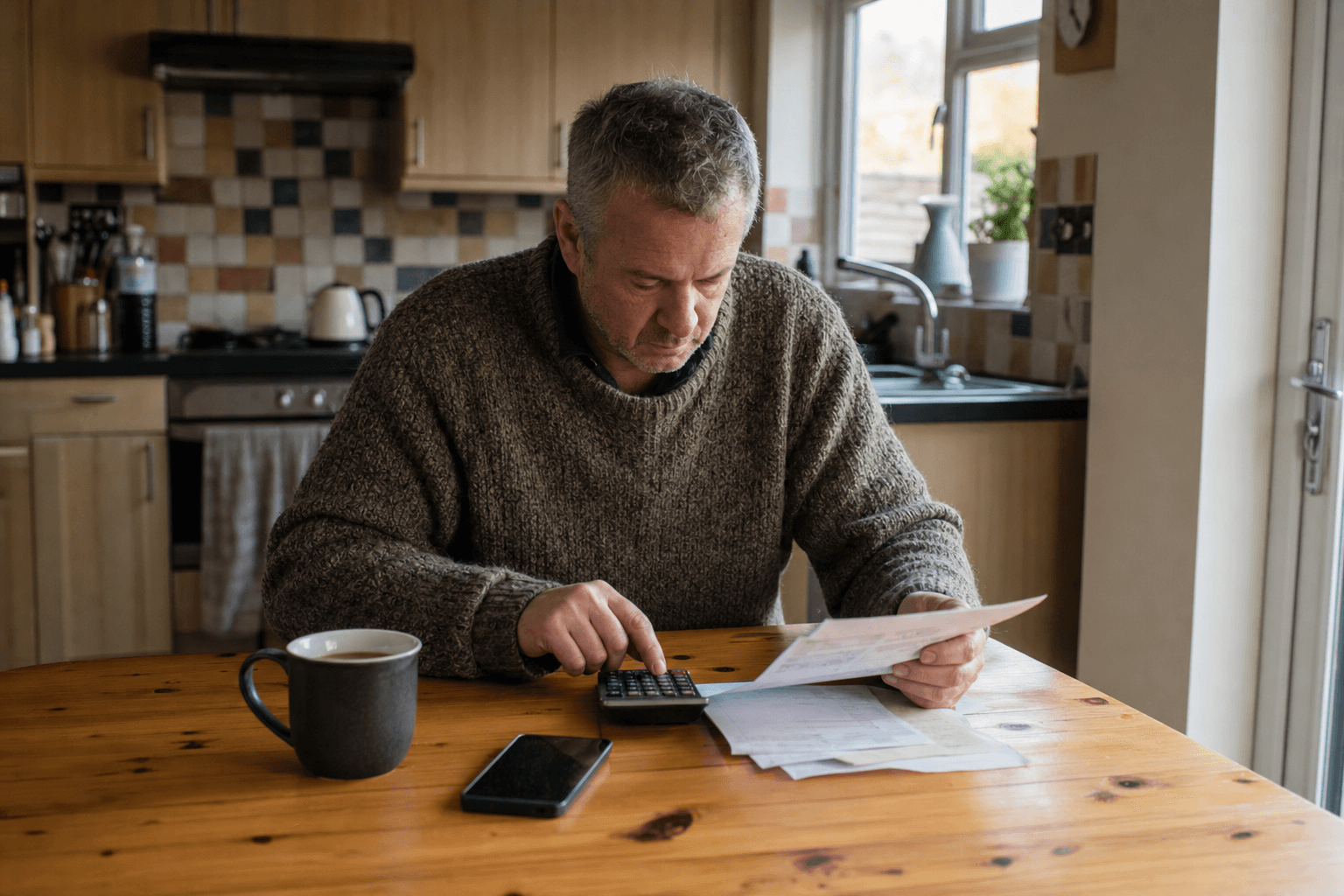 UK homeowner reading a printed drain unblocking quote at a kitchen table