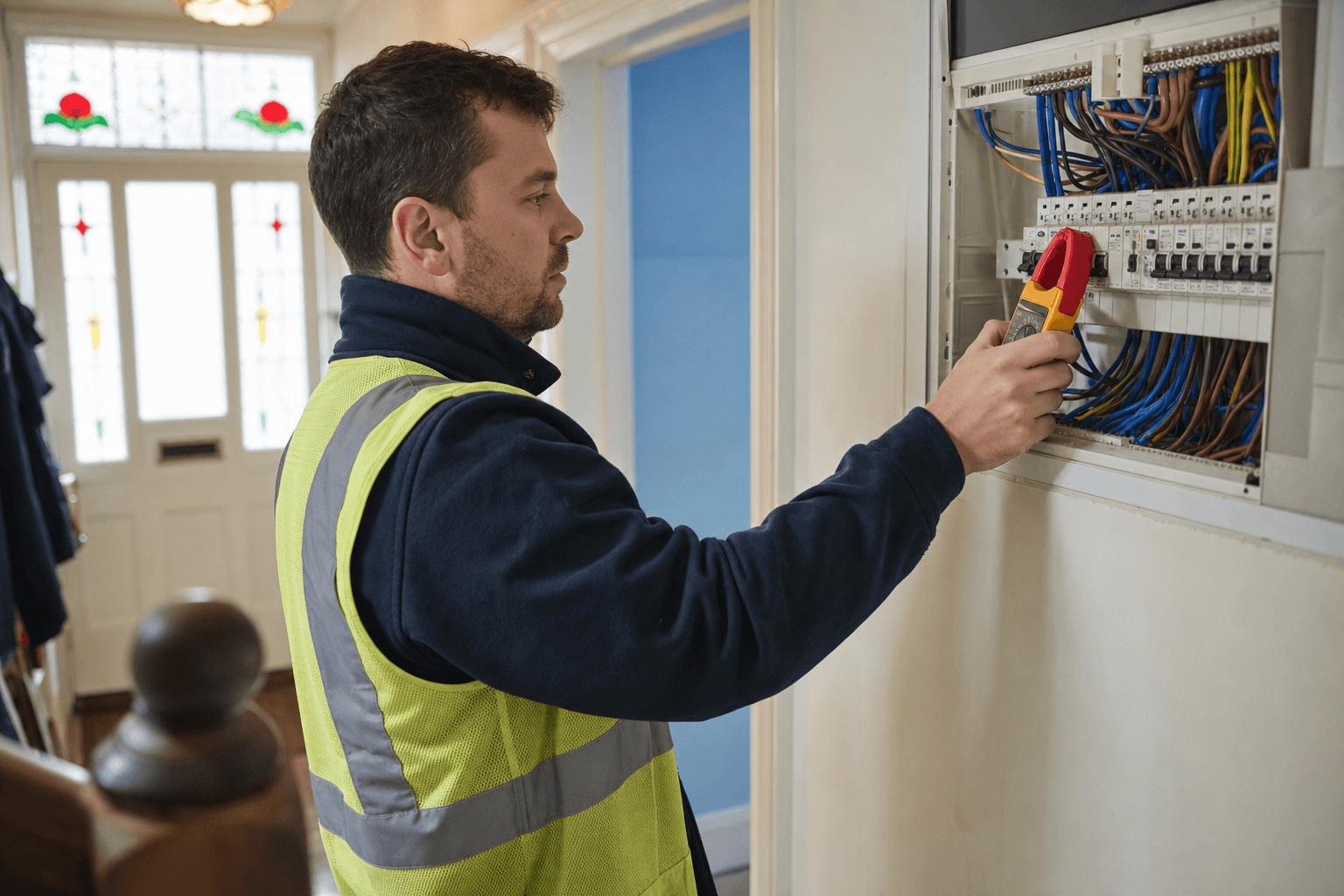 UK electrician testing a domestic consumer unit during an EICR inspection