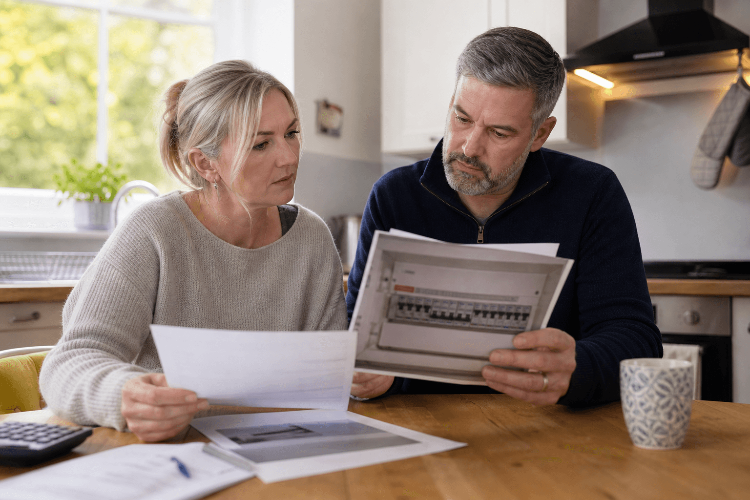 UK homeowners reviewing an electrical safety certificate at a kitchen table