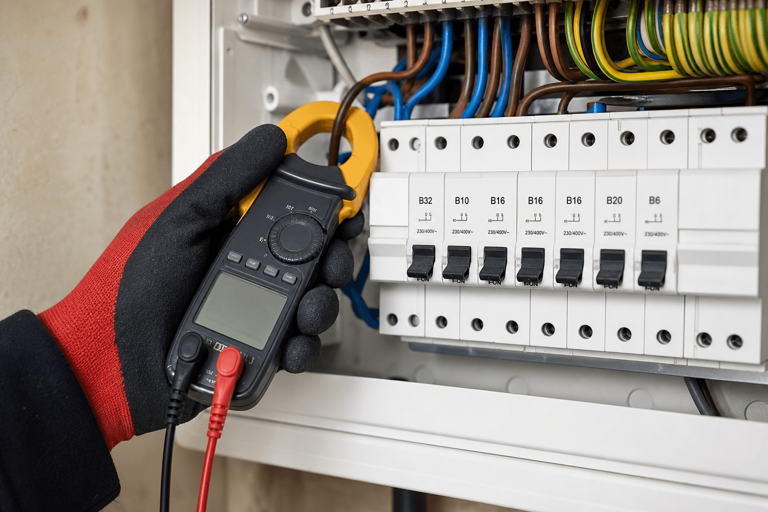 Close-up of an electrician testing an MCB in a UK consumer unit with a clamp meter