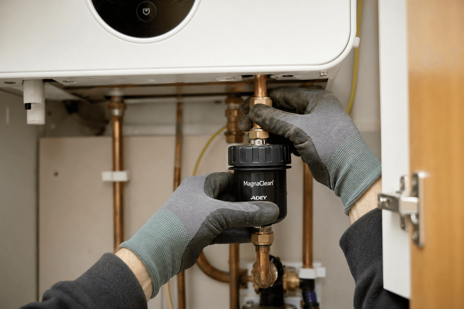 Hands fitting a magnetic system filter on a return pipe under a UK combi boiler