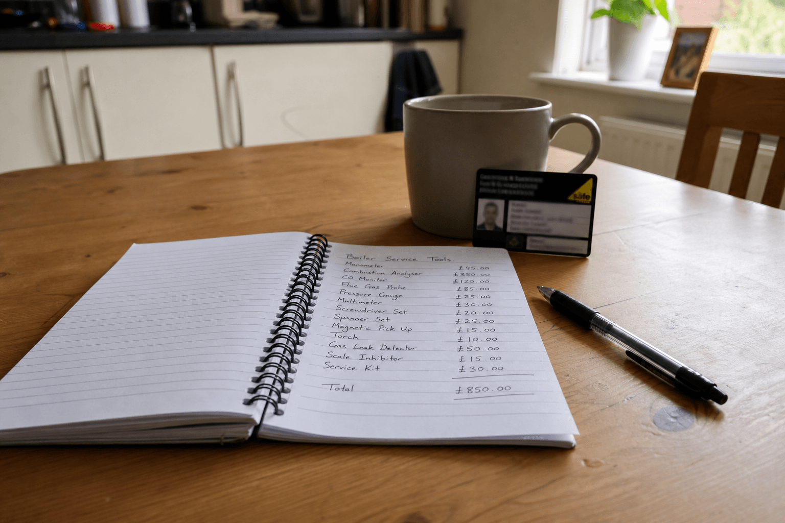 Notebook listing boiler tools and prices beside a Gas Safe Register card on a UK kitchen table