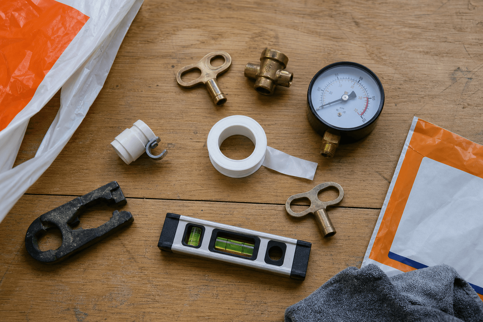 Overhead flat-lay of UK boiler maintenance tools on an oak workbench with trade-store packaging