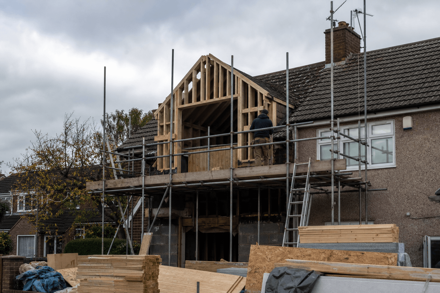Dormer loft frame and scaffolding on a UK suburban semi