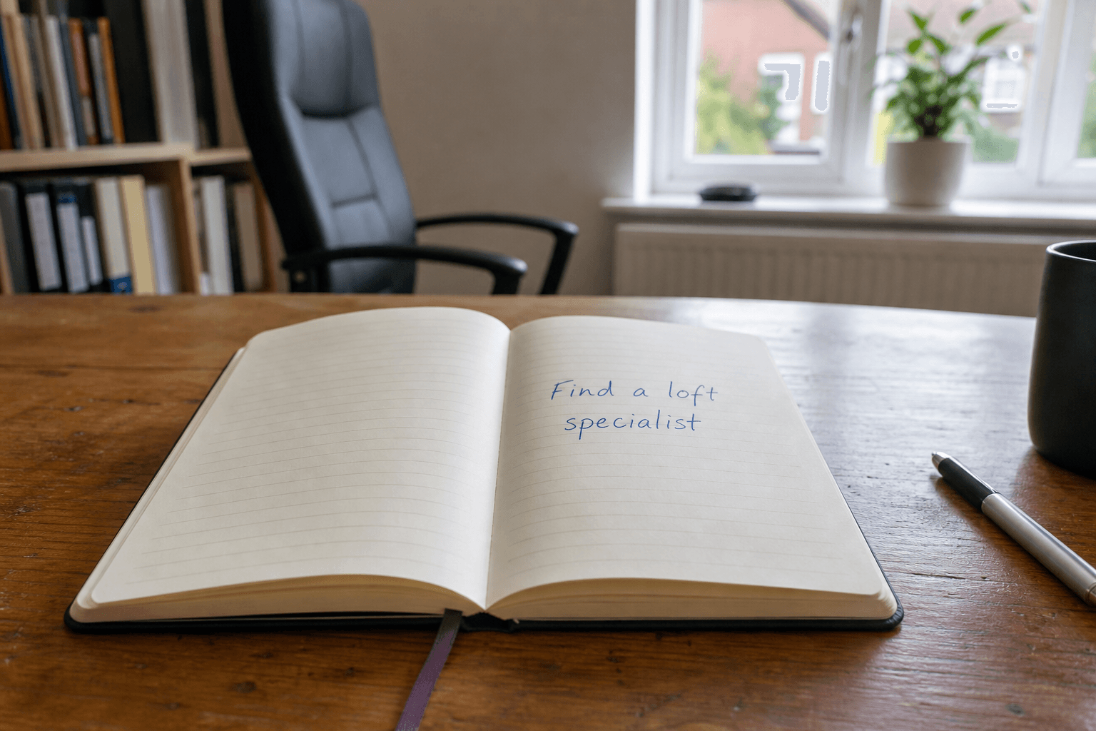 Notebook with Find a loft specialist handwritten in blue ink
