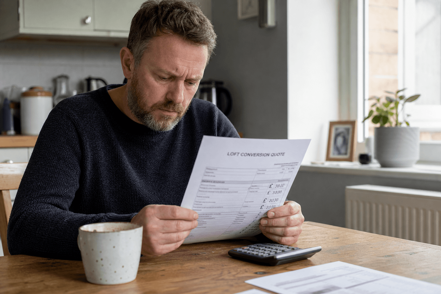 UK homeowner reviewing a loft conversion quote at the kitchen table