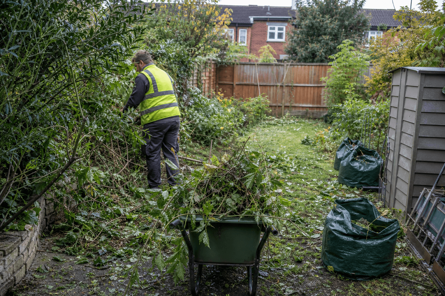 Gardener clearing an overgrown UK back garden with green waste bags