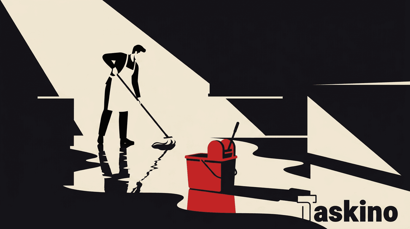 Mopping a glossy retail shop floor after hours, by Taskino