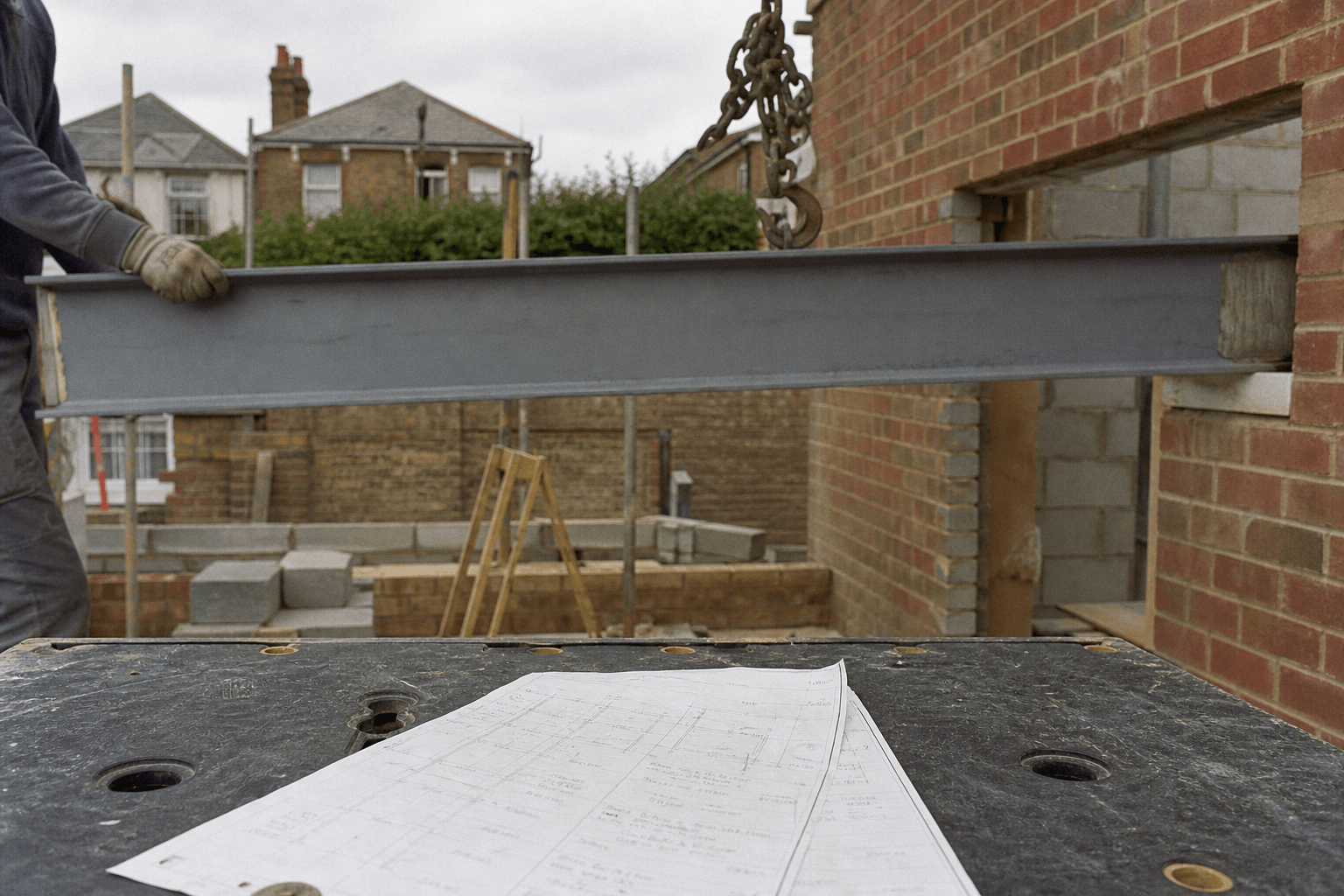 Steel RSJ beam being installed on a UK house extension building site
