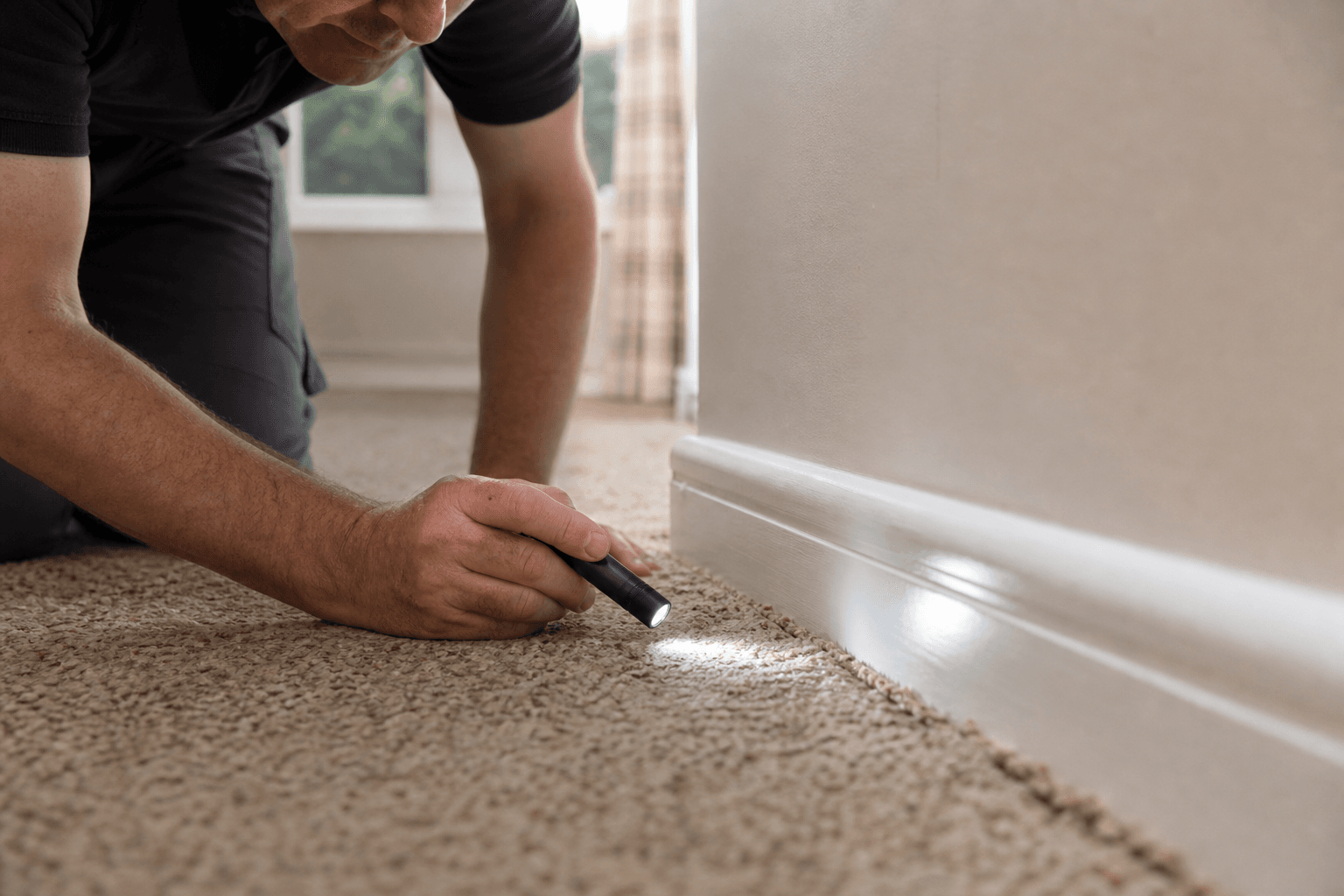 UK homeowner inspecting carpet edge by skirting with a torch