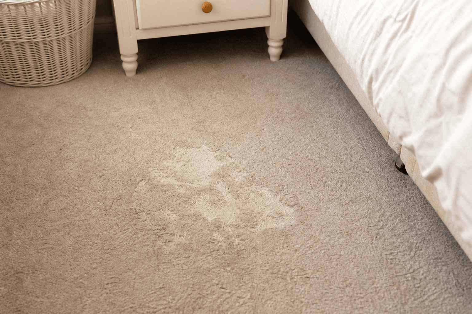 Clothes moth damage showing bald patch on cream wool carpet