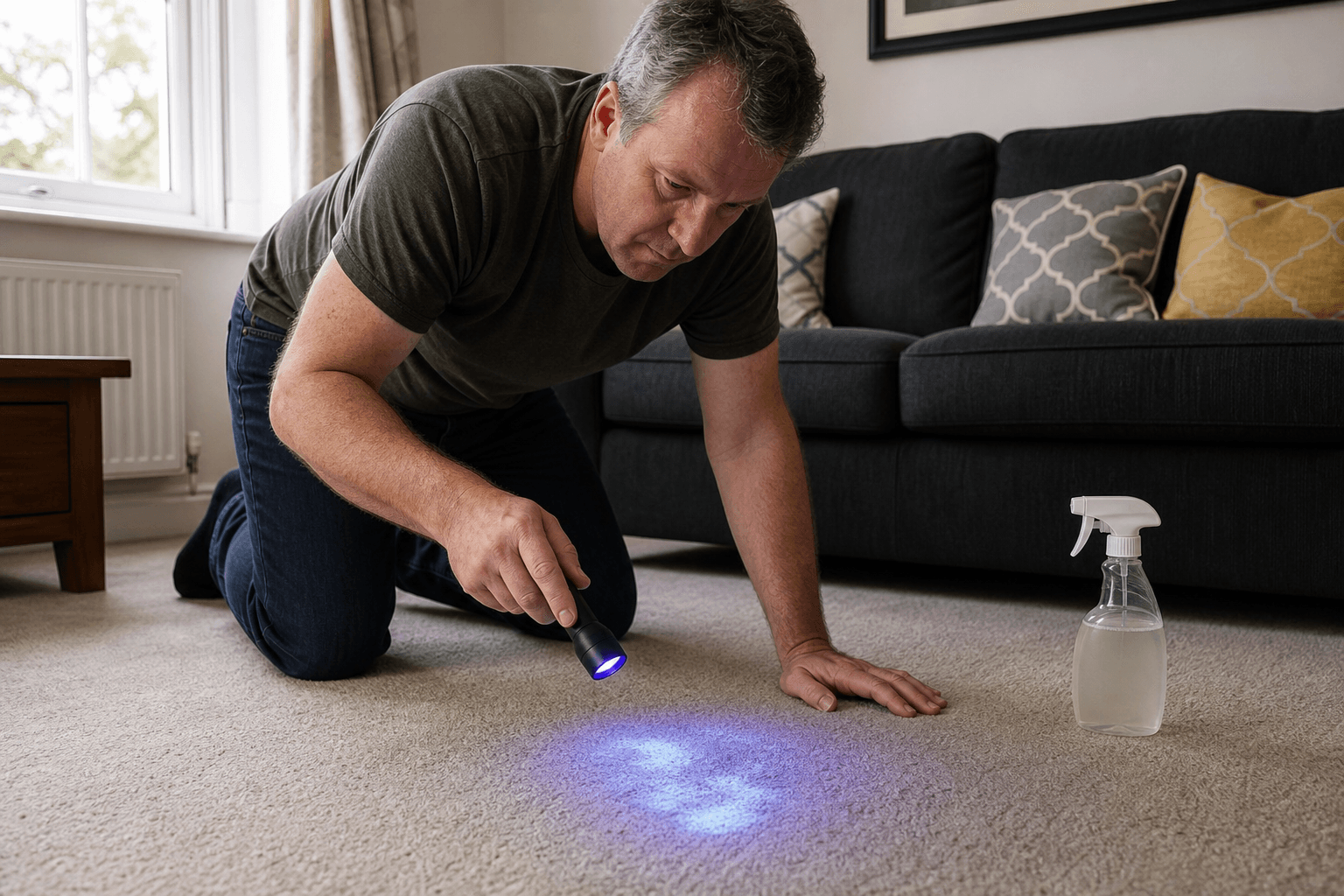 UV torch revealing pet urine stain on UK living room carpet