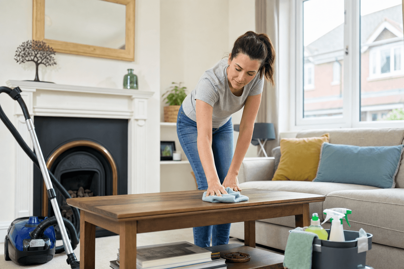 UK homeowner deep cleaning a bright living room, photorealistic
