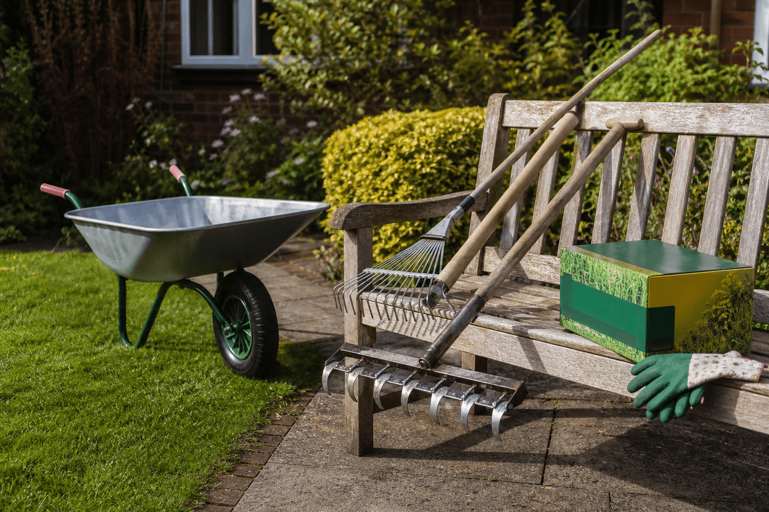 Autumn lawn care tools on a garden bench including rake and feed