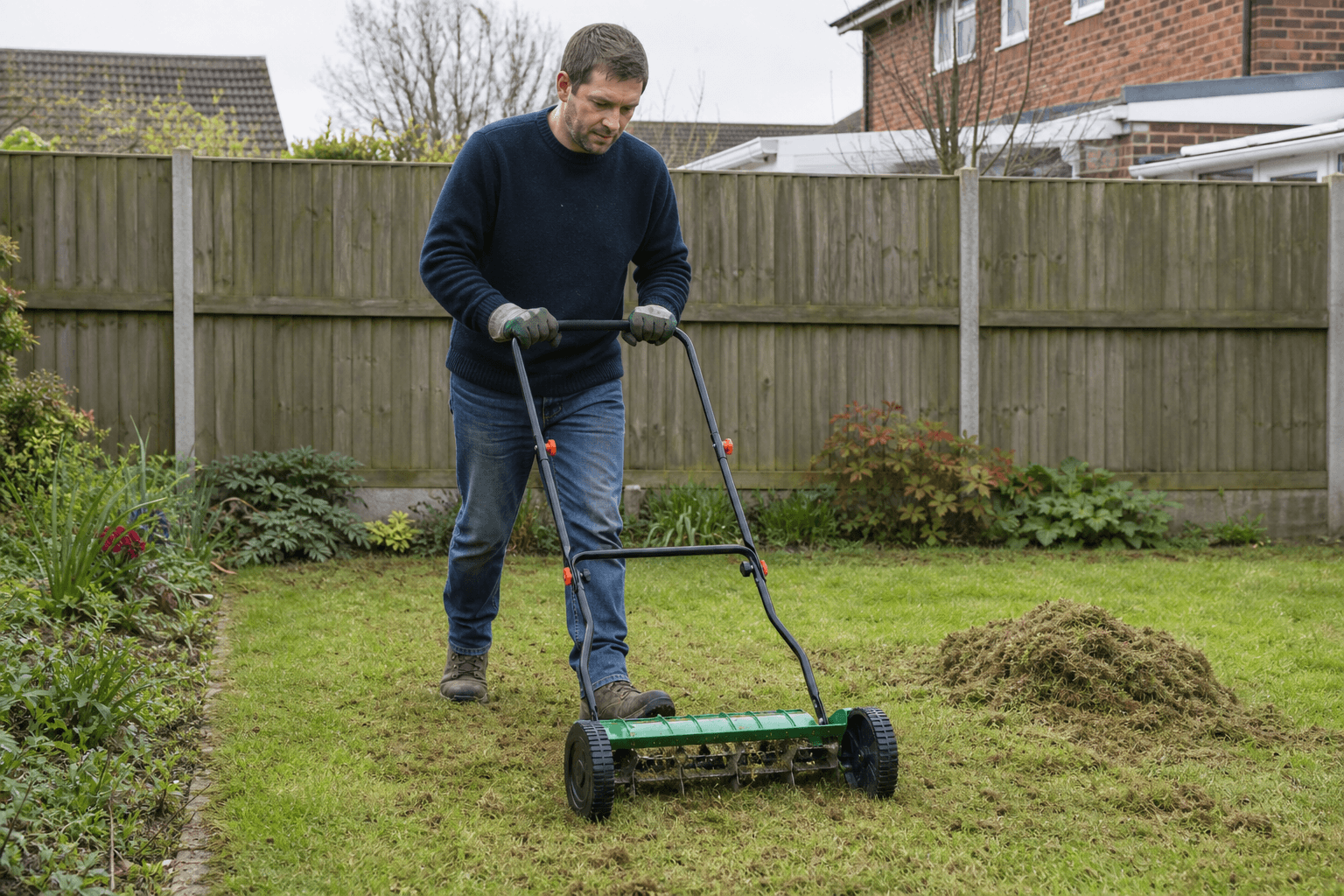 Homeowner scarifying a UK back lawn with thatch visible beside the path