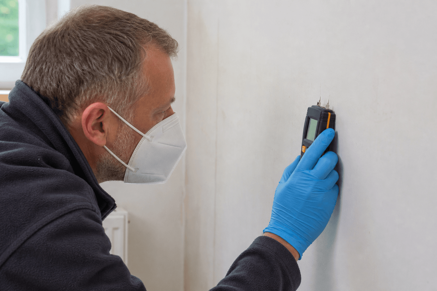 Damp meter reading on a painted wall with FFP2 mask and nitrile gloves visible