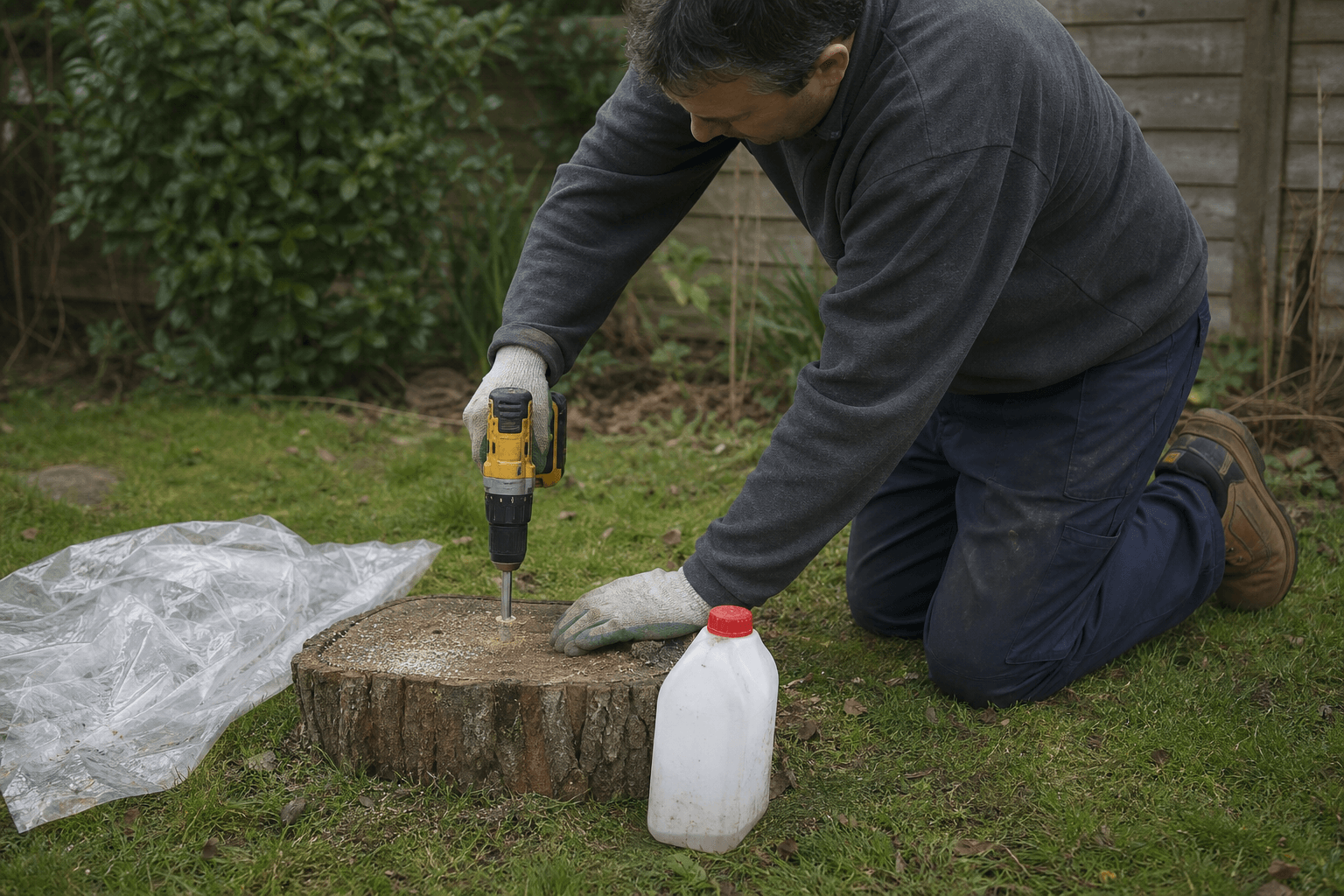 Homeowner drilling holes in a small tree stump for chemical treatment