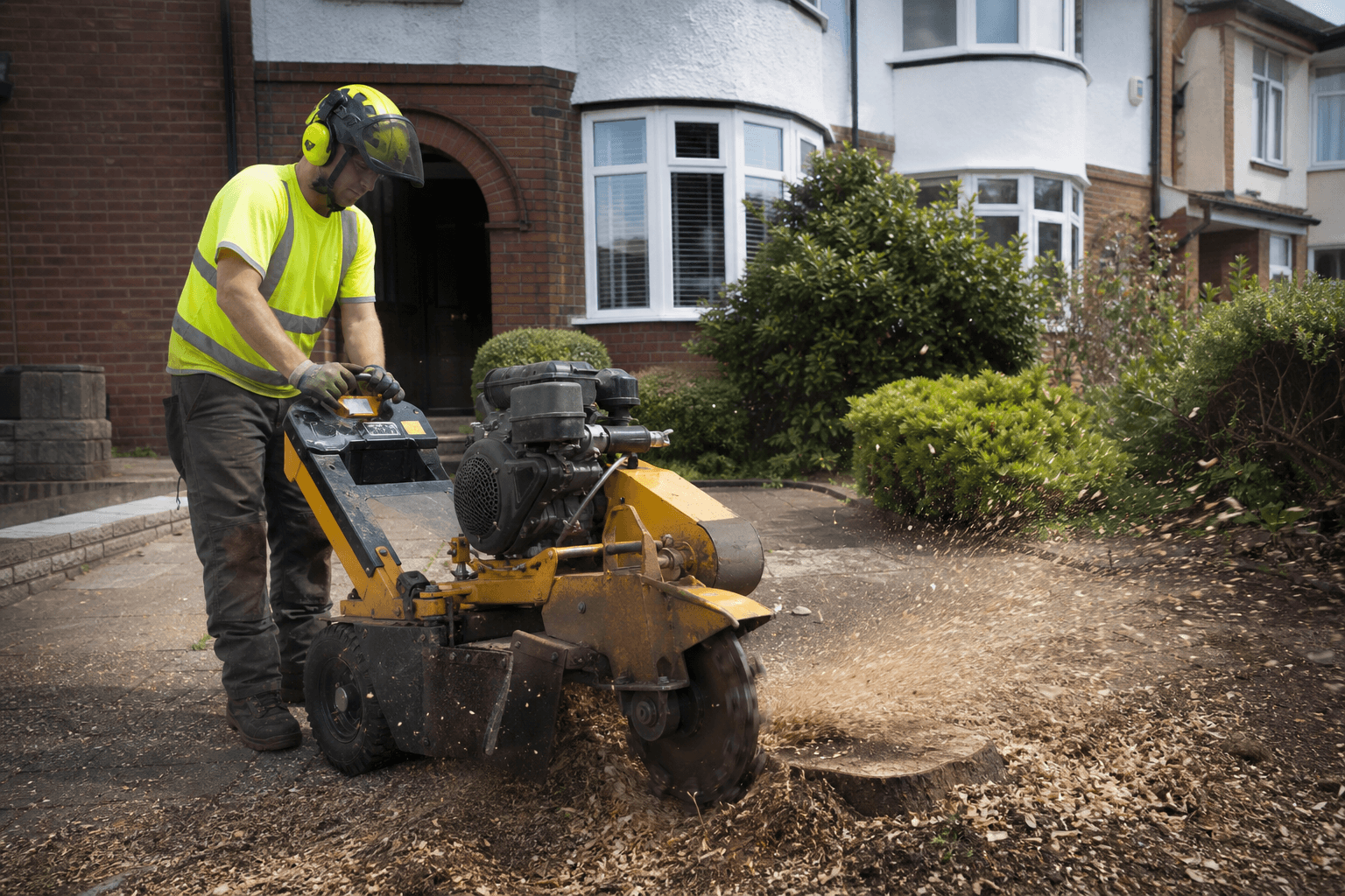 Tree surgeon using a stump grinder on a UK residential property