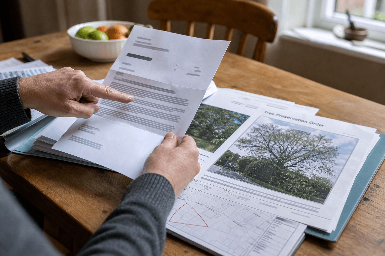 UK homeowner reviewing council tree preservation paperwork at home