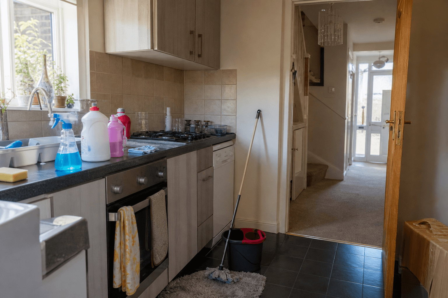 UK kitchen and hallway with carpet and oven cleaning supplies for deep cleaning at home
