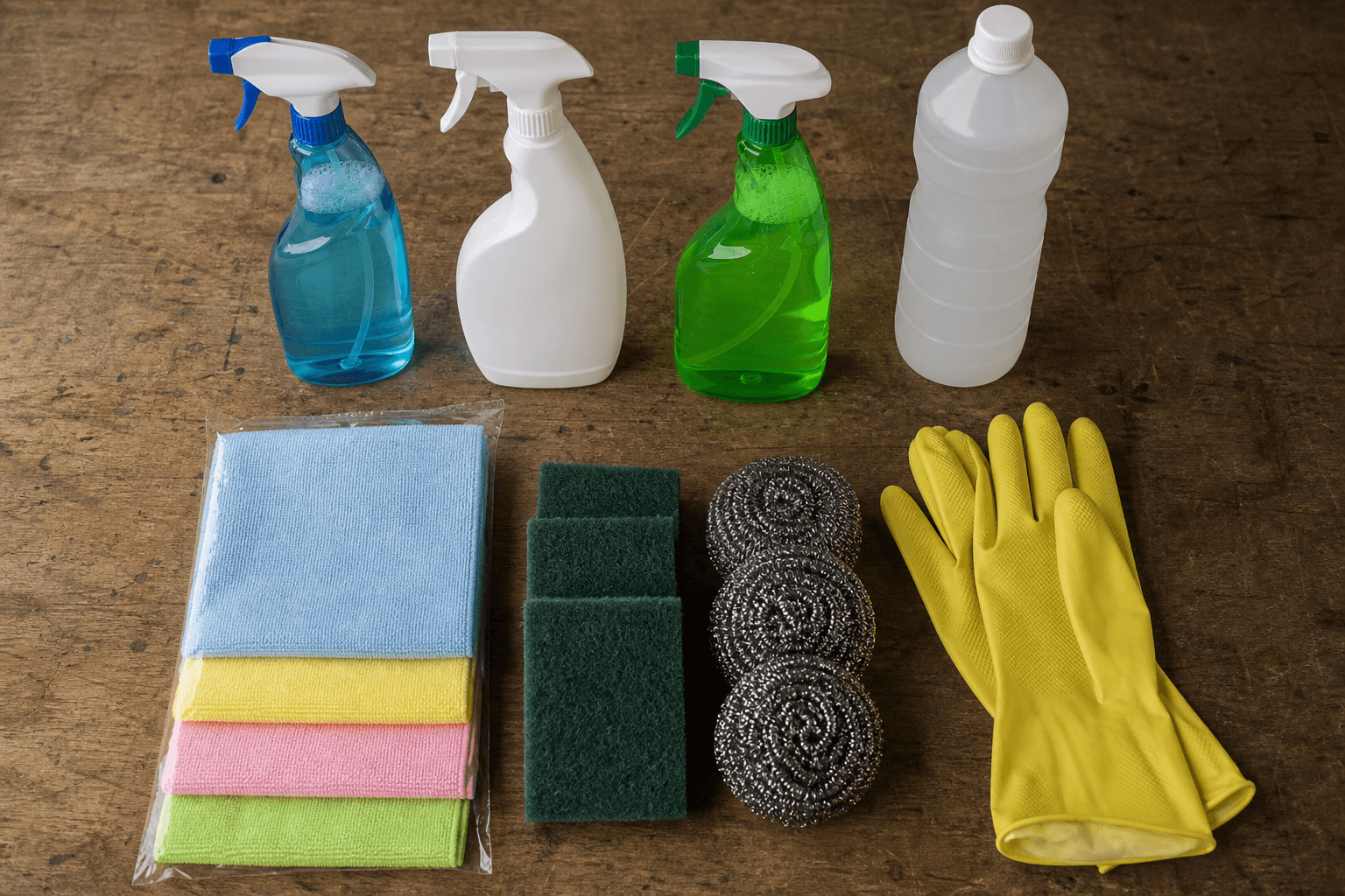 Flat-lay of UK cleaning supplies on a workbench including cloths, bottles and scourers