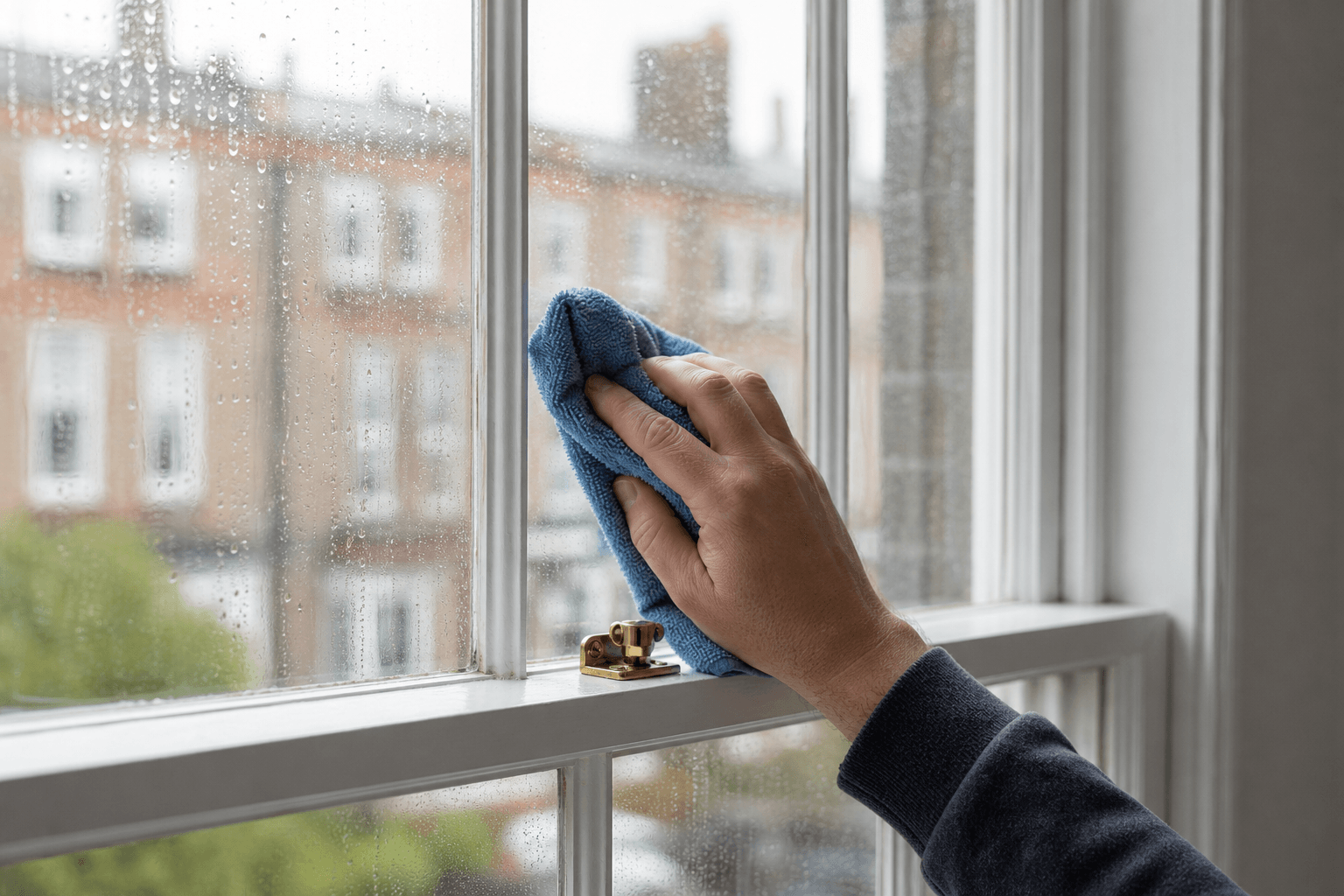 Close-up of a UK sash window being cleaned with a microfibre cloth