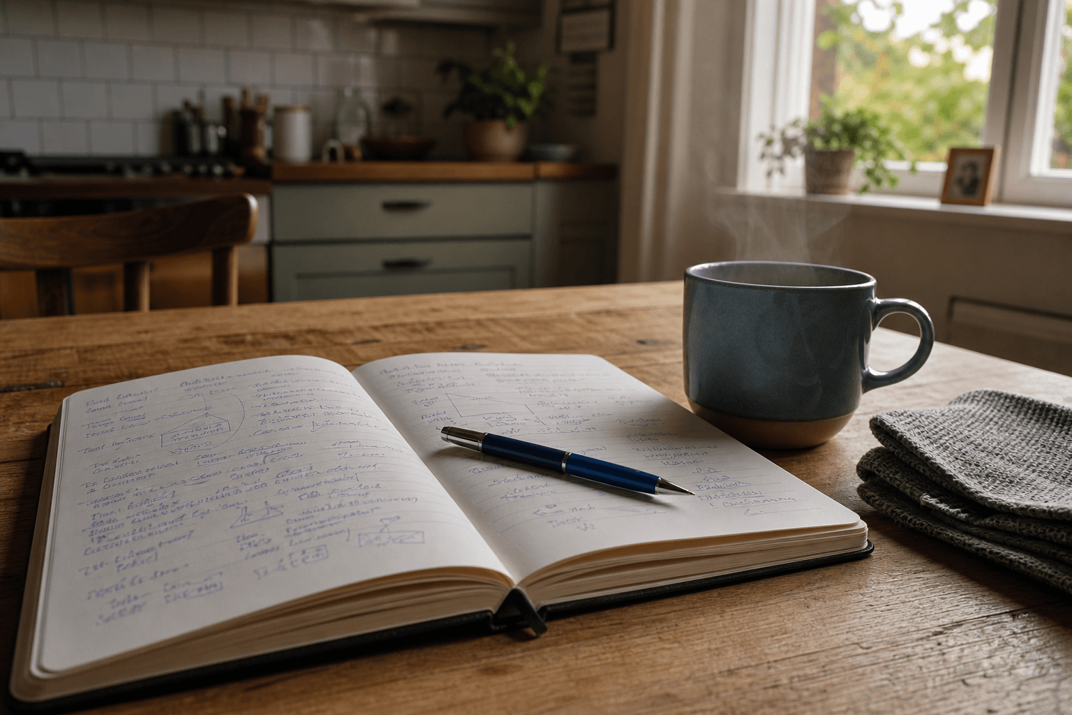 Open notebook and tea mug beside a folded microfibre cloth while planning a house clean