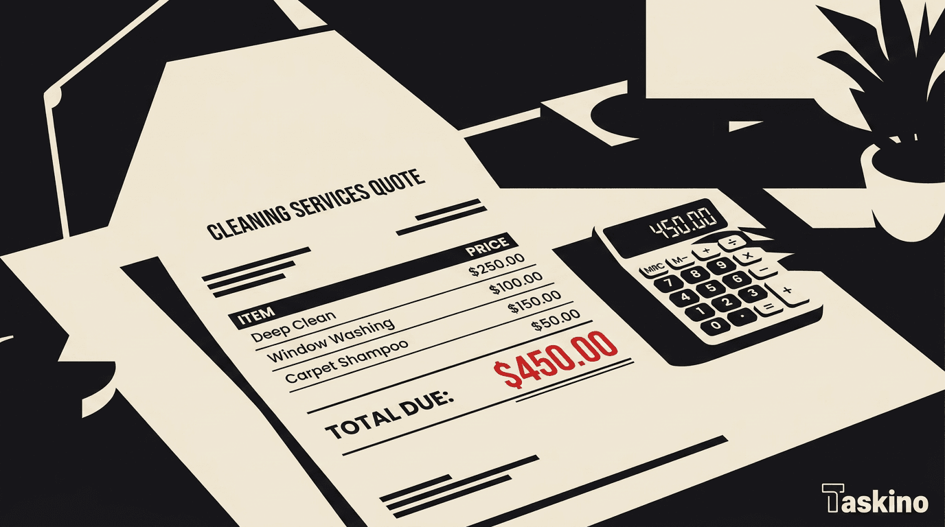 A detailed cleaning quote document and a calculator on a desk, by Taskino
