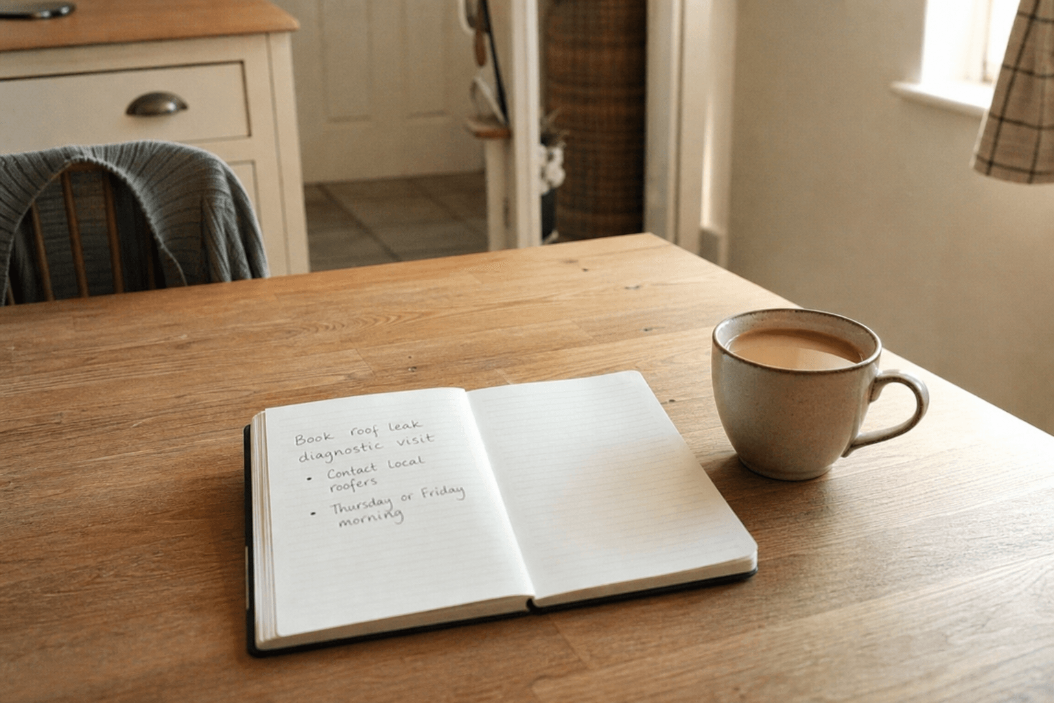 Open notebook and builder's tea on a kitchen table before booking a roof leak diagnostic visit